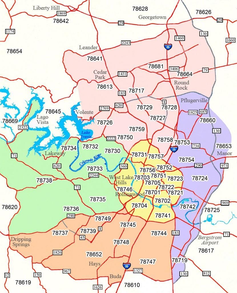 Austin Tx area code kaart